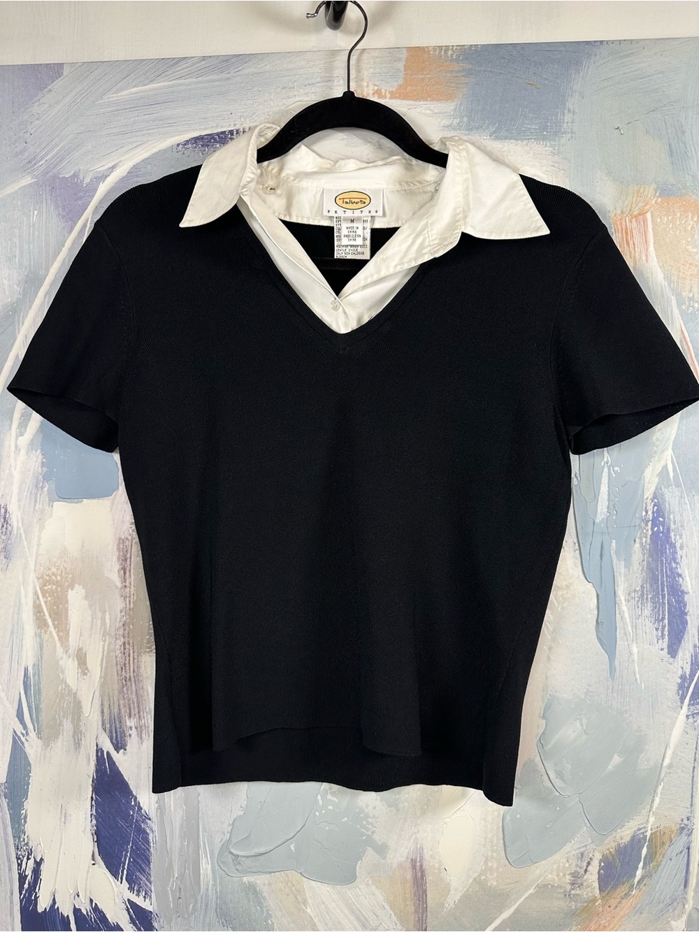 Talbots Petites Black V Neck Top Removable White Button Collar Short Sleeve M P
